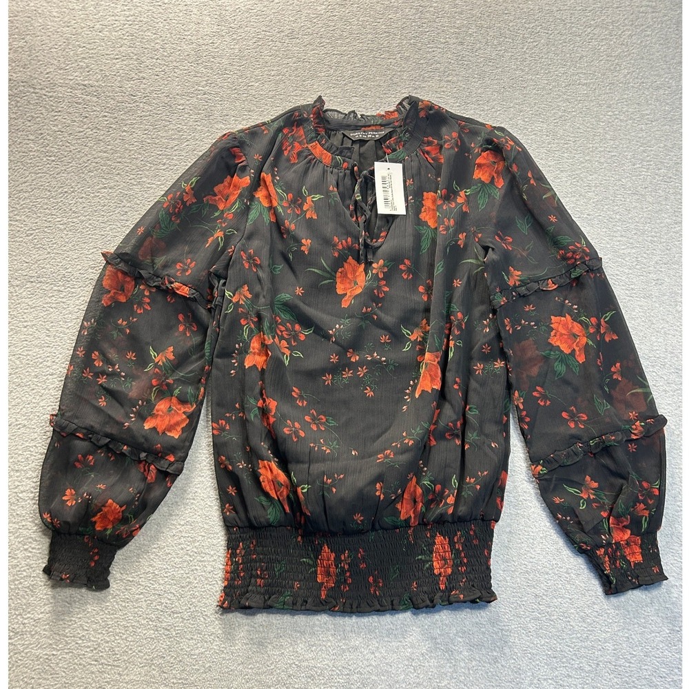 Dorothy Perkins Smocked Peplum Blouse Womens US 6 Black Red Floral Balloon Sheer